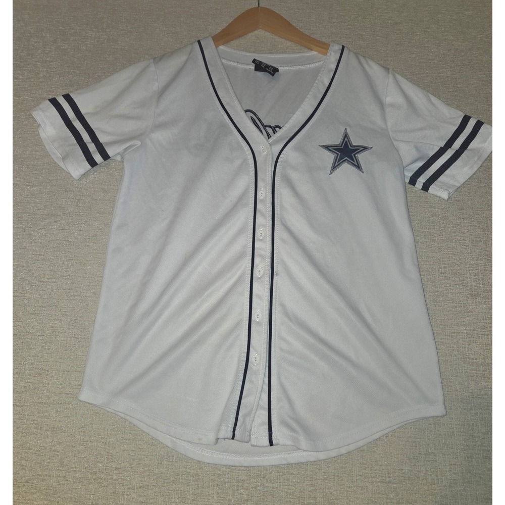 NFL Team Apparel Dallas Cowboys Baseball Jersey White Navy Blue Women Medium